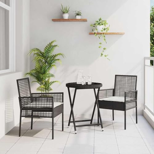 Set Bistro da giardino, 3 pezzi, nero, in polyrattan, resistente alle intemperie, per balcone, terrazza, set da pranzo con tavolo e 2 sedie, cuscino incluso, mobili per esterni durevoli
