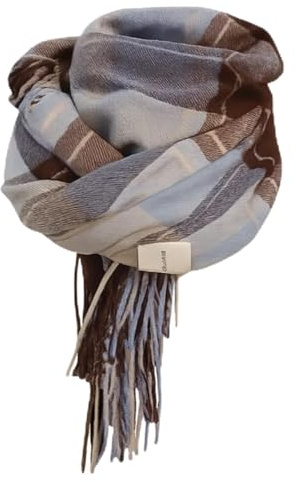 Mist Blue Plaid Tartan Scarf - Check Shawl Warm Beige Earth Tone Brown Neutral Scarf Look - for Women Men Christmas Autumn Winter Elegant Festive Urban Minimalist Style