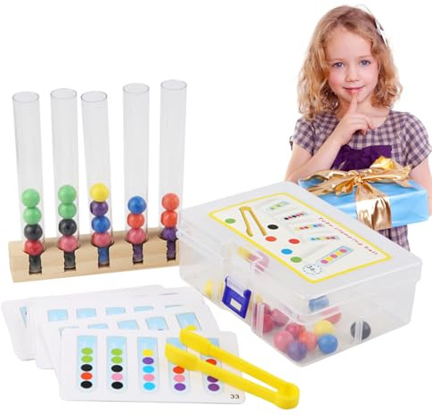 Juego de clasificación de colores de madera – Tubo de ensayo con perlas y bolas para motricidad fina | Juguetes educativos para niños en edad temprana | Juego de concentración, pensamiento lógico y