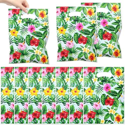 50 st Hawaiianska presentpåsar, 18 x 25 cm sommar tropiska blommiga papperspåsar med handtag, Aloha tema Monstera löv och blommor, Luau festväskor