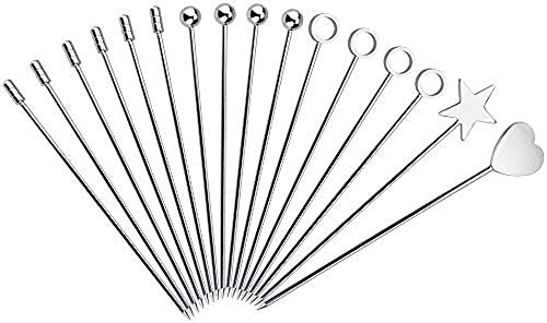 KLYNGTSK 16 PCS Pics à Cocktail en Acier Inoxydable Piques Apéritif Réutilisable 6 Styles Piques Apero Argent Pics en Métal 12cm pour Fruits Collations Dessert Gâteau