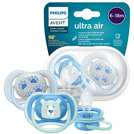 Philips AVENT Ultra Air Schnuller, BPA-freier Schnuller für Babys von 6 bis 18 Monaten, Bärenmuster (Modell SCF085/03)