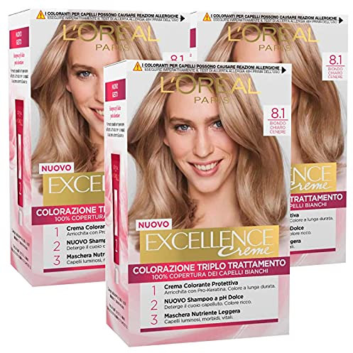 L'Oréal Paris - Tinte permanente Excellence Creme 8.1 Rubio Claro Ceniza Coloración Triple Tratamiento Cubre el 100% de los cabellos blancos de larga duración con ácido hialurónico – 3 tintes