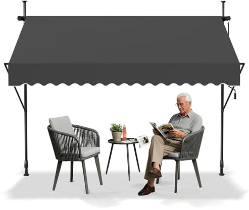 HENGMEI Klämmarkis för balkong, 250 x 120 cm, utan borrning, balkongmarkis, markis med handvev, solskydd, UV-resistent, justerbar för terrass, balkong, antracit