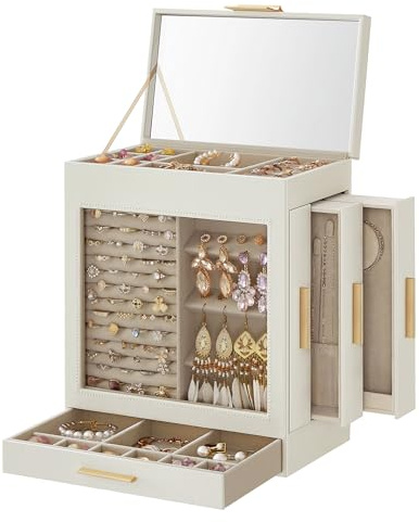 SONGMICS Jewelry Box with Glass Window, 5-Layer Jewelry Organizer with 3 Side Drawers, Jewelry Storage, with Big Mirror, Modern, 6.1 x 10.3 x 12.6 Inches, Cloud White and Metallic Gold UJBC162W01