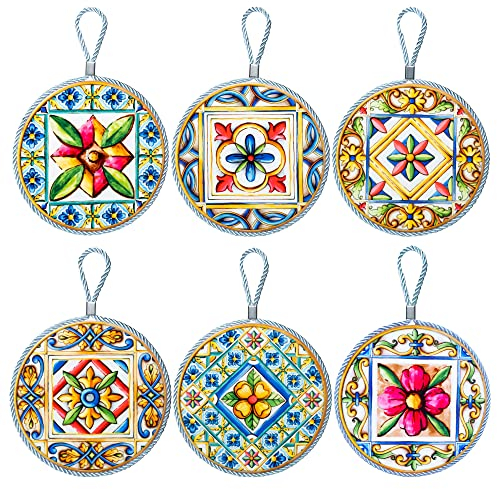 Piatto Ceramica Decorato da Appendere Set da 6, Decorazioni Cucina da Appendere con Gancetto, Stile Piastrelle Siciliane Maiolica, Piatti da Parete 16x 16 cm con Retro in Sughero