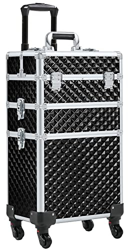 Abician Valise de Maquillage 3 en 1, Beauty Case Gaufrée Brillante, Malette Maquillage Professionnel Verrouillable Tiroir à Casiers Valise Trolley pour Voyages Noir