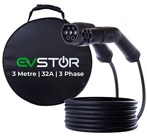 EVSTOR EV/Electric Vehicle Charging Cable | Type 2 to Type 2 | 3 metre | 32 Amp | 3 Phase | 22KW | IEC 62196-2 | Mode 3 | FREE Carry Bag (3metre)