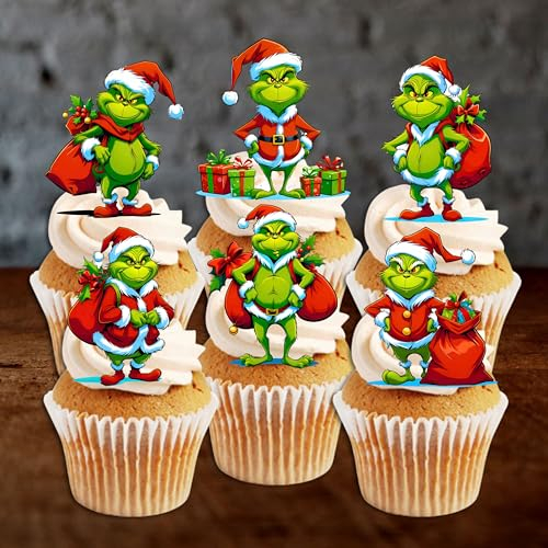 PRECUT Green Man Cupcake Toppers #2, Edible Christmas Cake Decorations, Grinch Themed Xmas Wafer Topper (12)