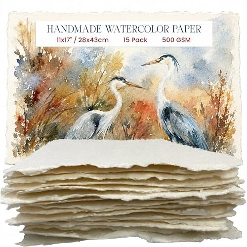 Wanderings Papier Aquarelle Épais Fait Main Avec Bords Frangés -28x43 cm- 500GSM, Papier Texturé Ivoire Premium Pressé à Froid Pour Techniques Mixtes, Fabriqué en Coton Recyclé - 15 Feuilles Détachées
