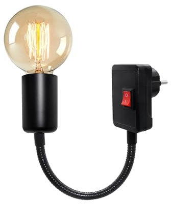 Portalampada E27 con Interruttore, 20CM Flessibile Collo di Cigno, Nero Porta Lampada con Spina, Lampada Muro Presa con Braccio, Faretto Portalampada per Illuminazione Interna, Senza Lampadine