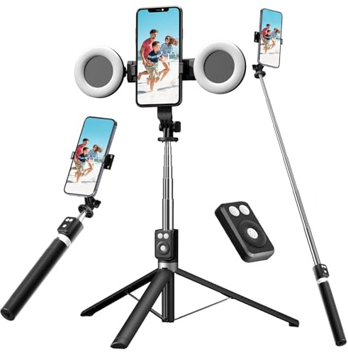 Selfie Stick Tripod with Fill Light, Phone Selfie Stick,Durable Stainless Steel Design,Bluetooth Remote Control,and Stable Three-Legged Support for Live Broadcasts,Video Shooting (Black)