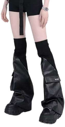 TAZIZI Gambali da donna elastici in pelle PU gotico scaldamuscoli punk lunghi stivali alti al ginocchio calzini con tasche, Bk, Etichettalia unica