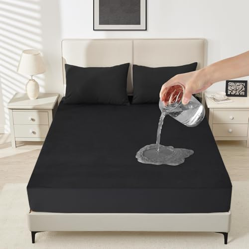Sufdari Waterproof Mattress Protector Queen Size, Noiseless Mattress Cover with 18 Deep Pocket, Bed Bug Proof and Waterproof Fitted Sheets, Machine Washable Mattress Protectors Black