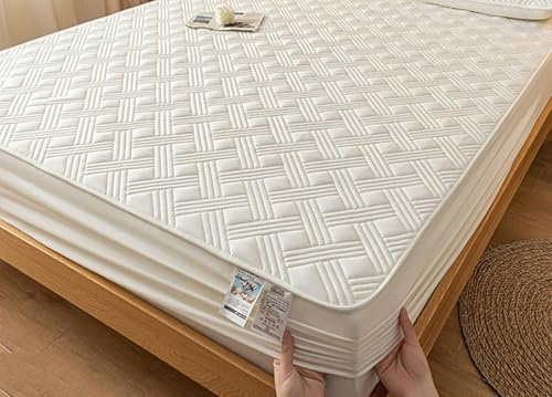 KnSam Beige Weiß Betttuch 135x200cm rutschfest, Spannbettlaken Gesteppt Einfarbig Faltenresistent und Ausbleichen, Baumwolle Laken für Bett Unterbett als Schutz für Boxspringbett & Topper