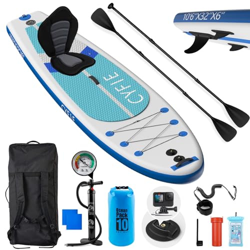 CYFIE Uppblåsbar paddelsurfingbräda 320 x 81 x 15 cm för vuxna, SUP-bräda uppblåsbar med 10 medföljande tillbehör, sits, pump, paddel, leash, ryggsäck, kamerafäste, stöd 150 kg