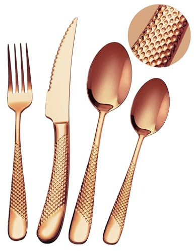 SHEUMNT 24-Piece Modern Hammered Rose Gold Cutlery Set with Ultra Sharp 2-in-1 Serrated Knife, Utensil Set Made of 18/10 Stainless Steel, Cutlery Set for 6 People, Knife Fork Spoon Set
