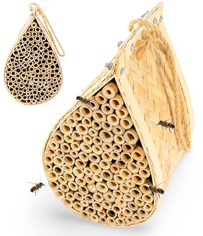 Made Easy Kit Bee House – Attracts Mason & Leafcutter Bees – Natural Bamboo Pollinator Habitat with Jute Rope – Hotel for Garden & Backyard – Eco-Friendly Insect Shelter (Honey Droplet, Large)