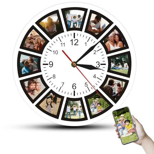 frstrery Orologio da Parete in Legno Personalizzato con 12 Foto, Silenzioso, Senza Ticchettio, Idea Regalo per Famiglia E Amici, per Casa, Soggiorno E Camera da Letto(30 cm)
