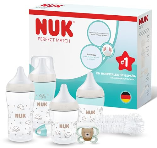 NUK Perfect Match Perfect Start Set de Biberones para Recién Nacidos | 0-6 Meses | 4 Biberones Anticólicos (150 ml, 260 ml), 2 Tetinas, 1 Chupete Air, 1 Cepillo para Biberones | Arcoíris | 8 Piezas