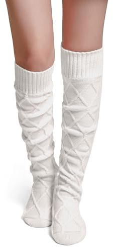 Becotal Chaussettes hautes épaisses et chaudes pour femme, chaussettes hautes et douillettes avec motif tressé, chaussettes d'hiver, beige, taille unique