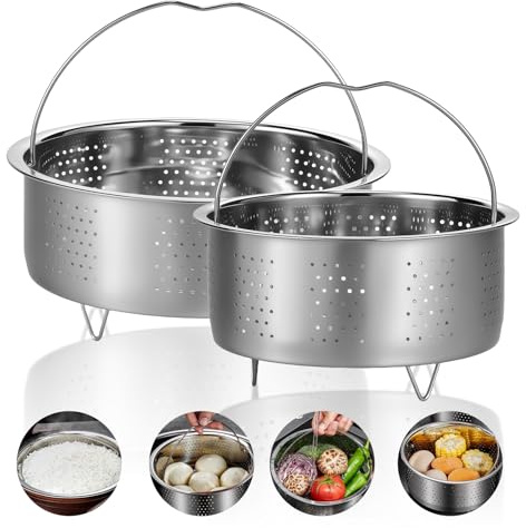 Set di 2 inserti per vapore, in acciaio inox, 17 cm, 22 cm, inserto per cottura a vapore con manici, piedi, aperture per vapore, cestello per vapore, antiruggine, inserto per fornelli di riso, padelle