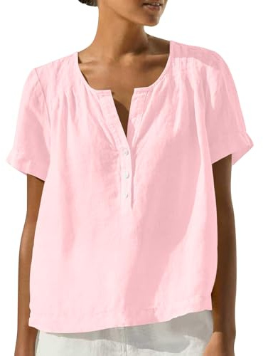 Chemise Femme Coton Et Lin Couleur Unie Blouse Été Pull Col V Classique Crop Top Boutonnée T-Shirts à Manches Courtes Respirant Décontracté Haut Femme Tee Shirt Manche Courte Tailles S à XXL