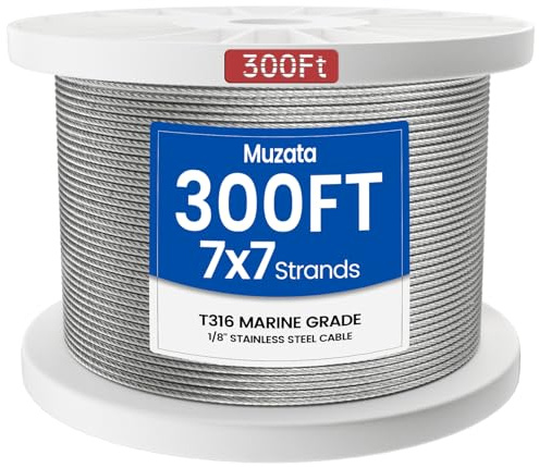 Muzata 300ft 1/8'' Stainless Steel Cable, T316 Stainless Aircraft Steel Wire Rope Cable for Railing,Decking, DIY Balustrade, 7x7,Series WR02