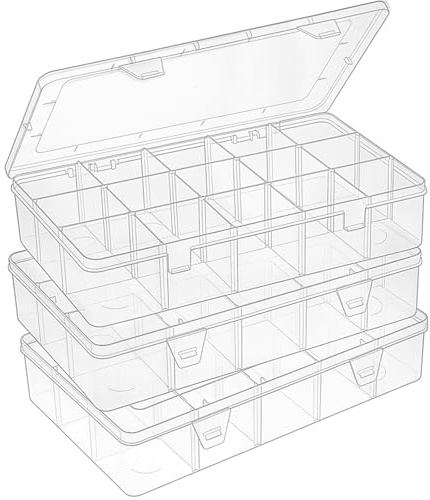 SGHUO 3 Pack 15 Grids Large Plastic Storage Organizer Box,15 Compartments with Dividers for Tackle Box, Beads, Washi Tape, Ribbon, Crafts, Art Supply 10.9X6.5X2.2inch