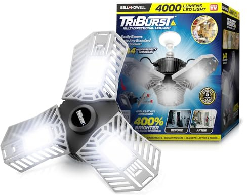 Bell+Howell TRIBURST Aluminum LED Socket Ceiling Light Bulbs 60W 4000 LM 6500K – 3 Deformable Panels LED Shop Light Fixture for Indoor, Bedroom, Living Room, Garage Lights, Home Improvement, E26 / E27