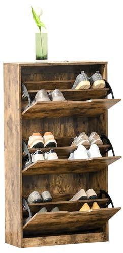 HOMCOM Industrial Shoe Cabinet with 3 Flip Drawers, Narrow Shoe Storage Cabinet for 18 Pairs, Freestanding Slim Shoe Storage Organiser for Entryway, Hallway, Rustic Brown