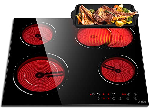 Hobsir Plaque Vitrocéramique 4 Feux, Plaque Cuisson électrique Encastrable 60cm, 6600W, Table de Cuisson avec Zones Ovale et Double Flexibles, Contrôle Tactile, Minuterie, Sans Prise, 240V