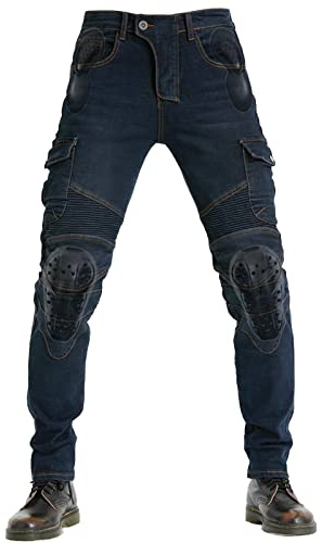 QIYUANT Pantalon de Moto en Jean Homme Femme Stretch Résistant à l'eau Anti-déchirure Vintage Pantalon de Protection avec Amovible Améliorée Protéger Pads pour Racing Vélo (Bleu, XL)