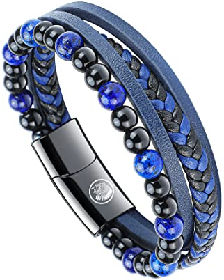 Casisto.J Lederarmband Herren Armband Schwarz mit Magnet Verschluss, Naturstein Geflochten Echtleder Armbänder für Männer zum Vatertag Geburtstag Weinachtstag