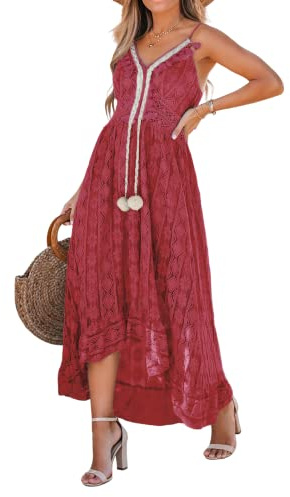 CUPSHE Robe d'été pour Femme Boho Maxi à Lacets avec Pompon col en V évasé à Volants Robes de Plage Vin M
