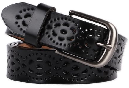 Jiusely Fashion Hollow Flower Design Ladies Waist Belt,Vintage Genuine Cowhide Leather Women's Belt, Women Leather Belts, Retro Alloy Buckle Belt for Jeans Dresses (Black)