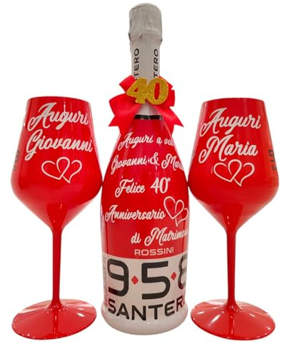 BOTTIGLIA Spumante e Bicchiere Personalizzabili ideali per San Valentino, Anniversario, Proposta di Matrimonio, Laurea, Compleanno, Natale, Scritta e Fiocco da scegliere in fase di personalizzazione
