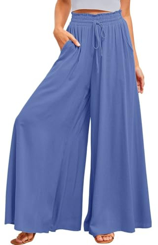 ROFUSSO Pantalons à Jambes Larges pour Femmes Pantalon Palazzo Léger Décontracté Pantalon Décontracté Pantalon D'été Élastique à Taille Haute Pantalon Elégant en Tissu de Couleur Unie avec Poches