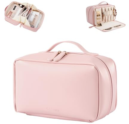 SthExtra Travel Toiletry Bag with Jewelry Compartment, Waterproof PU Leather Makeup Bag with Separate Brush Holders, Portable Open Flat Cosmetic Organizer (Pink)