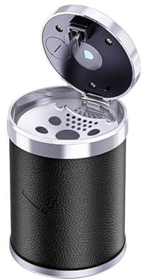 Geoyien Car Ashtray, Automatic LED Light, Leather, Windproof, Large Capacity, Flame Retardant, Black