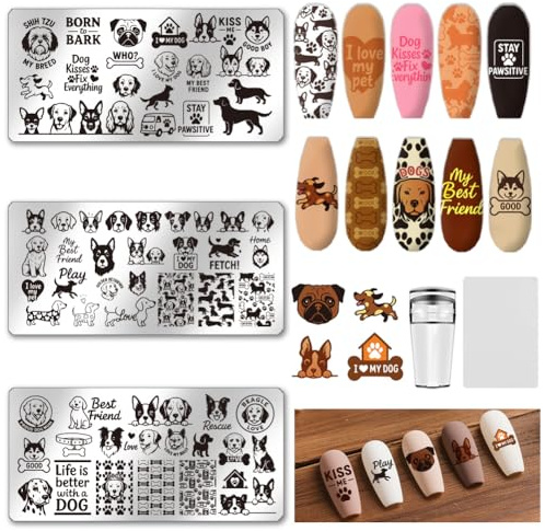 UNICRAFTALE Juego de 3 plantillas para uñas con diseño de perros, plantillas de uñas con motivos de mascotas, animales, uñas de cachorros, diseño de huellas de perro, plantilla para uñas con raspador