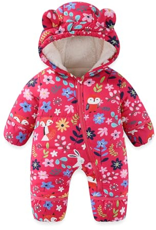 JiAmy Baby Toddler Snowsuit Winter Romper Suit, Baby Boys Girls Bear Hooded Footed Romper Snow suits Cartoon Zipper Jumpsuit Winter Outfits Clothes Rose 12-18 Months