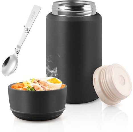 Acasimo Thermobehälter für Essen 750ml, Edelstahl Warmhaltebehälter Essen mit Löffel, müslibecher to go, Thermo lunchbox für Gefrierschrank, Spülmaschine, Erwachsene(Schwarz)