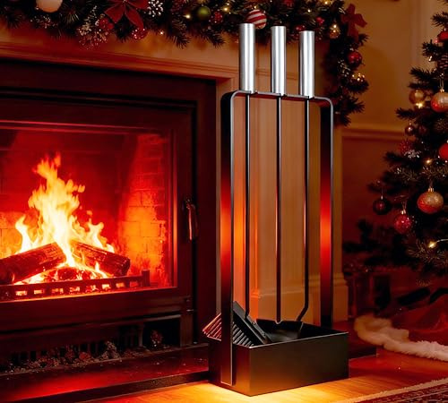 Kingson Set di attrezzi per camino con manici in acciaio inox, 3 attrezzi, 53 cm, supporto verniciato a polvere, colore: nero