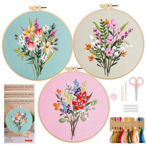 WIVLAX Embroidery Kit for Adults Beginners 3 Pack, DIY Stitch Craft Set with Flower Pattern, Hoop, Thread & Needles, Starter Hand Floral Embroidery Kits for Adults, Sewing Gift Set for Women & Teens