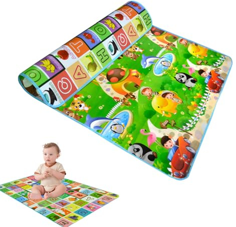 Qfdiwr Tapis D'Éveil Bébé Pliable 150x180x0,5 Cm Reversible Lettres Animaux Voitures Douce Et Confutable pour Enfant - Idéal pour Jeu, Apprentissage Et Temps sur Le Ventre À La Maison Ou en Voyage
