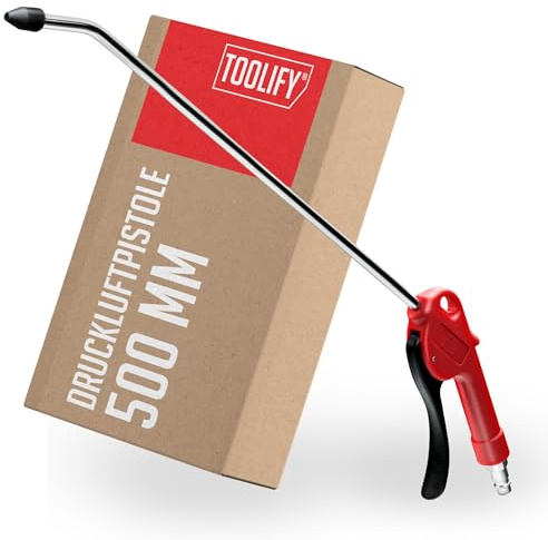 TOOLIFY Compressed air gun, long 500 mm, long blow-out gun with stainless steel tube, protective cap, compressed air nipple, shatter-proof POM housing, high air volume for efficient cleaning of