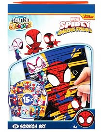 Disney Store Marvel Spidey Livre d'images à gratter A5 pour enfants | Livre de bricolage à gratter avec 15 motifs au format A5 | Avec stylo à gratter en bois | Effet de couleur arc-en-ciel | Kit