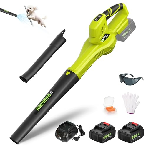 DEWINNER Soffiatore di Foglie Senza Fili, 2 Batterie 4.0Ah, 210 km/h, 6 Velocità Regolabili, 2 Tubi Smontabili, Kit Completo, Professionale per Giardino, Compatibile con Batterie Makita (Verde)