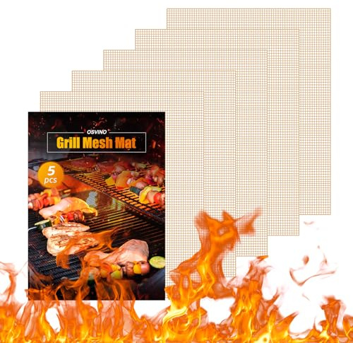OSVINO BBQ Griglia Tappetini in Rete Set di 5 Non Appiccicoso Riutilizzabile Accessori Barbecue, Beige, 40 x 30cm